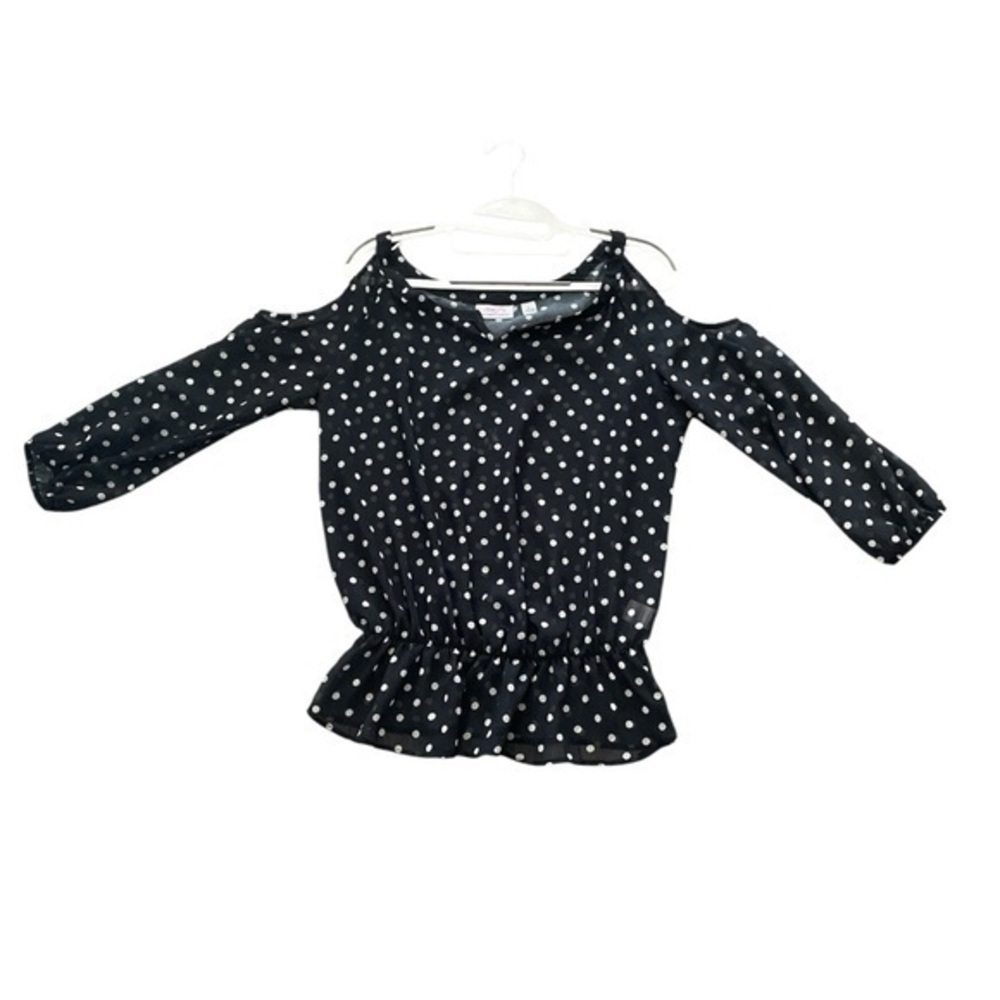 SWEET PEA for NY&Co Black and White Polka Dot Off-the-Shoulder  Ruffle Blouse.